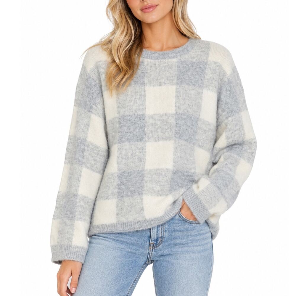 Storia Crew Neck Plaid Sweater Gray & White Size Medium (M) NWOT